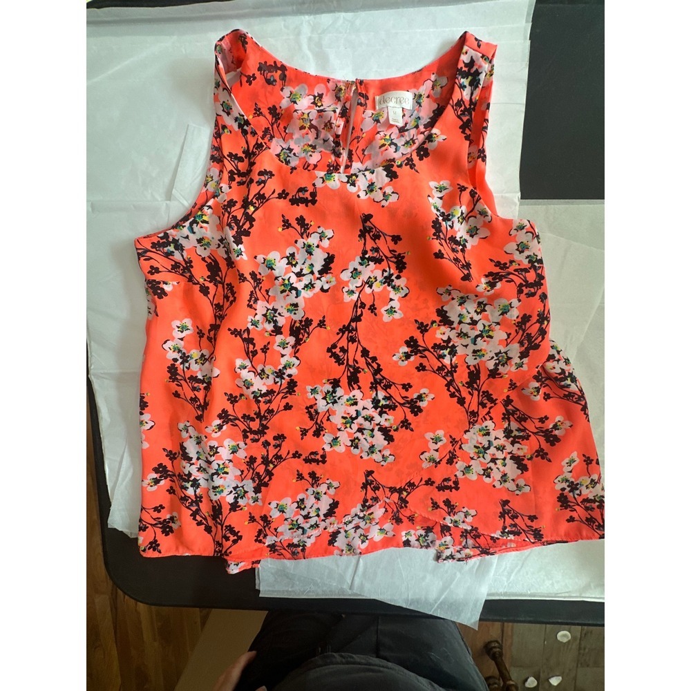 Decree Womens Coral Orange Floral Cherry Blossom Split Back Tank Top Blouse M